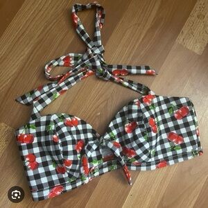 Hot Topic Black and White Checkered Cherry Bikini Top